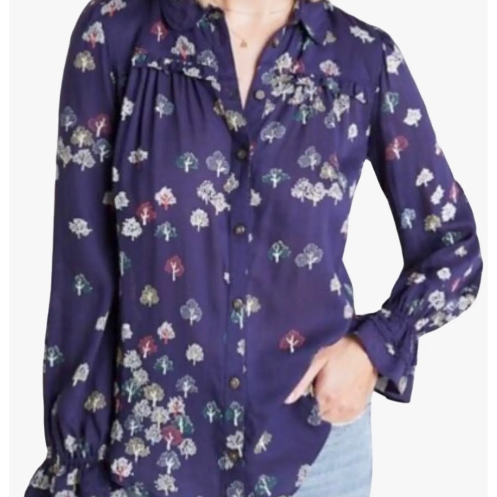 MAEVE BY ANTHROPOLOGIE NAVY TREE PRINT FREDERICKA BUTTON DOWN TOP BLOUSE SIZE 14